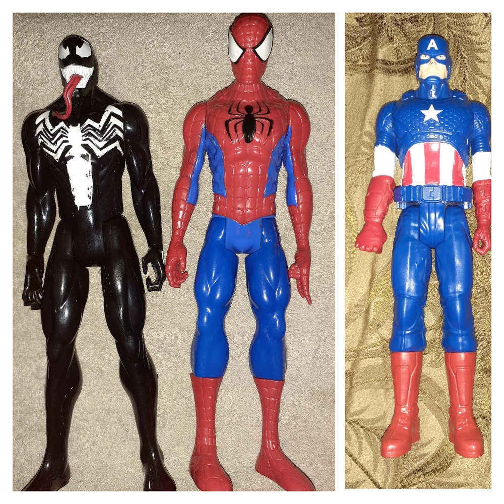 Spiderman, Carnage, and Captain America 12 inch Action Figures. 